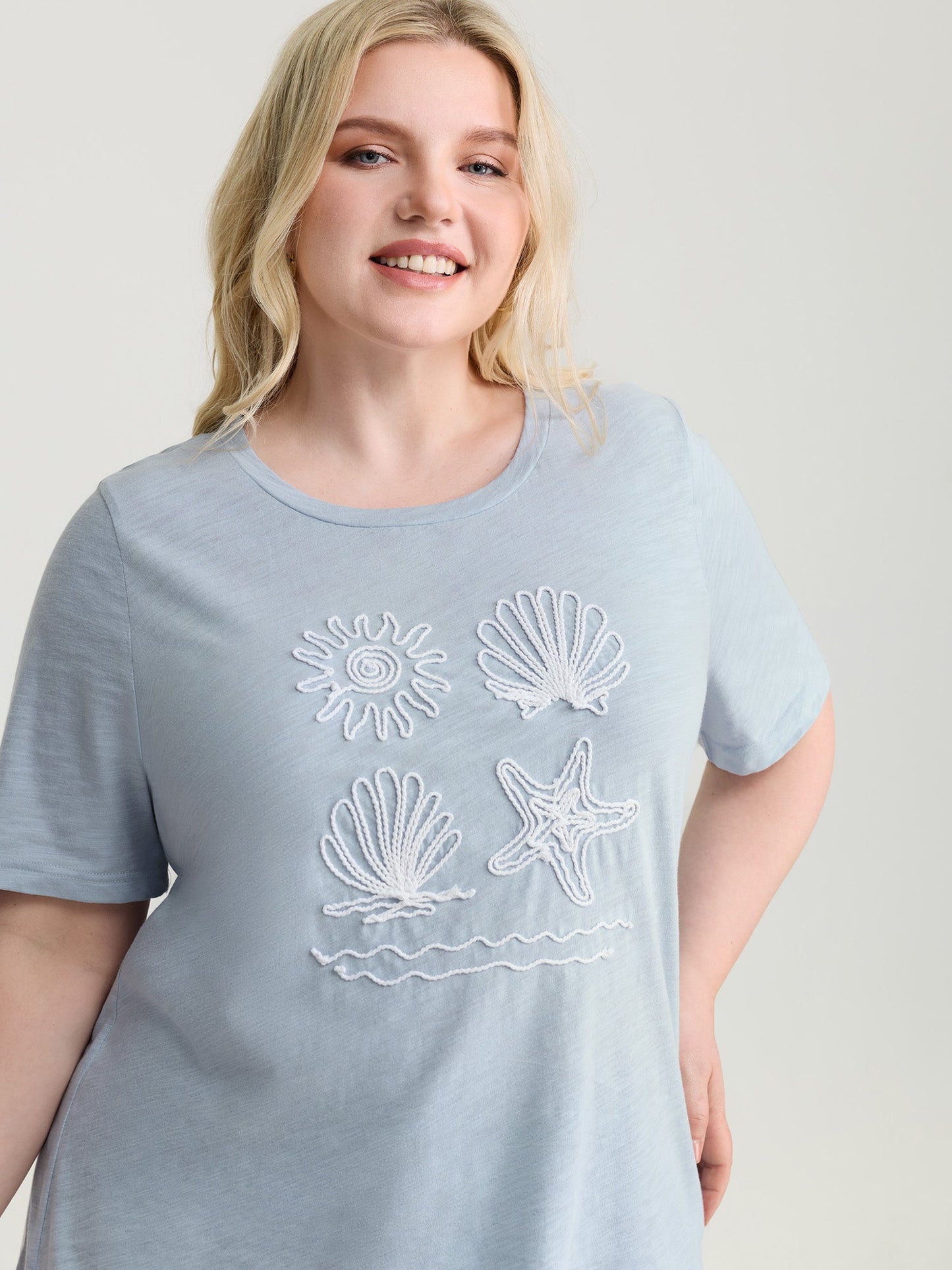 Pure Cotton Ocean Embroidered Stretchy T-Shirt