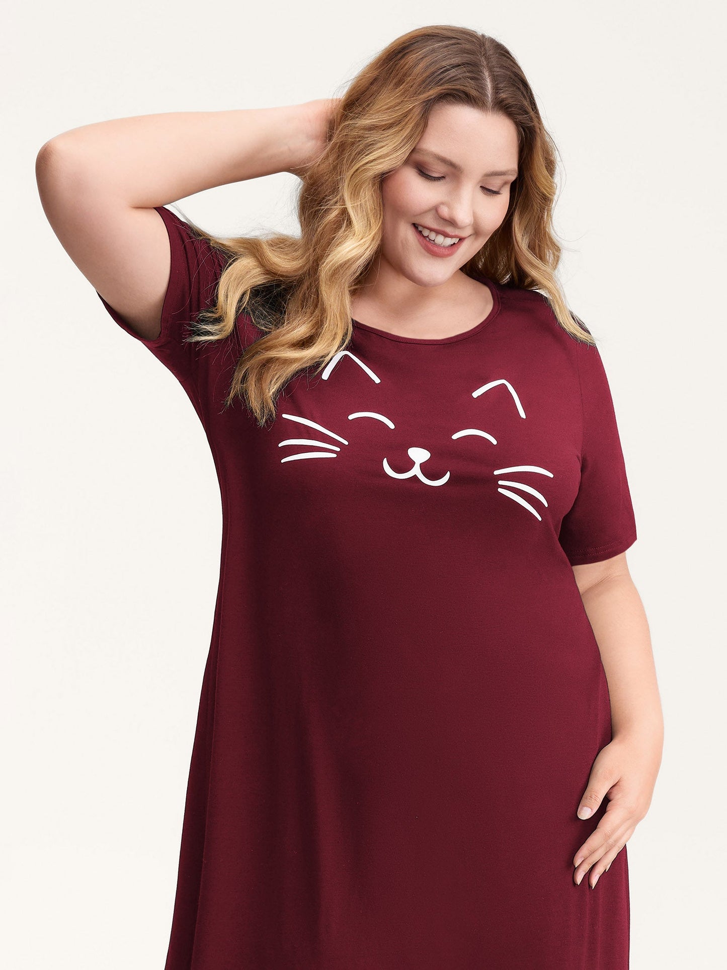 Happy Cat Print Stretchy Contrast Nightgown