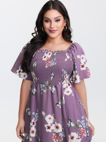 plus size Floral Square Neck Ruffles Pocket Shirred Split Dress