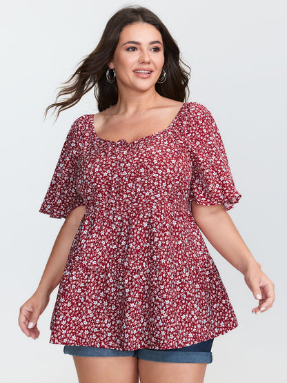 Micro Floral Print Sweetheart Neck Blouse