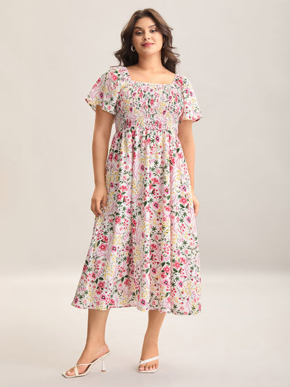 plus size Floral Shirred Square Neck Pocket Midi Dress