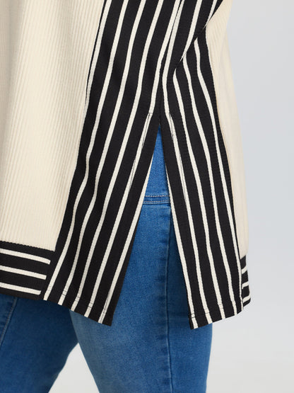 Striped Color Contrast Mockneck T-Shirt