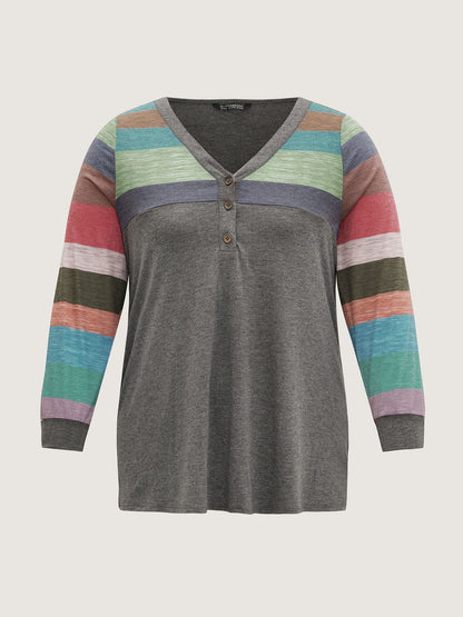 Colorblock Contrast V Neck Button Up T-shirt