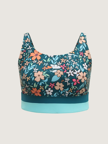 Floral Print Color Contrast Swim Top