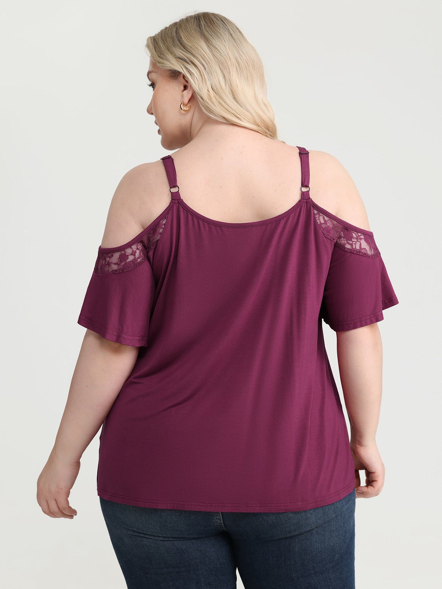 Cut-Out Shoulder Lace Trim Knit Top