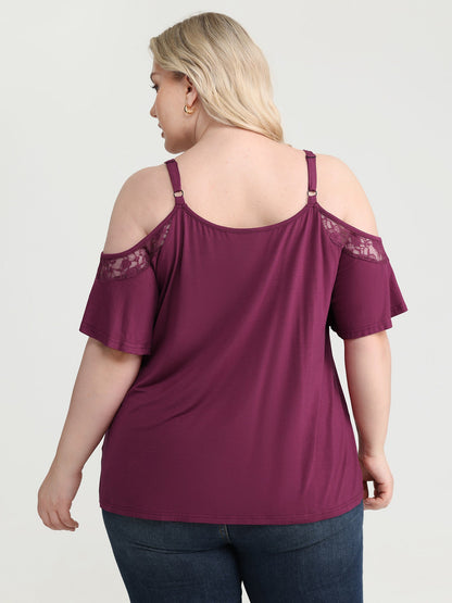 Cut-Out Shoulder Lace Trim Knit Top
