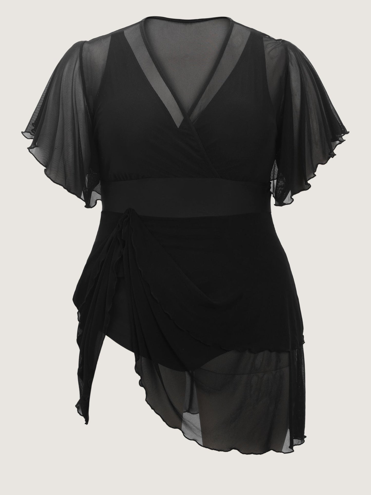 Sheer Ruffled Sleeve Layered Swim Dress