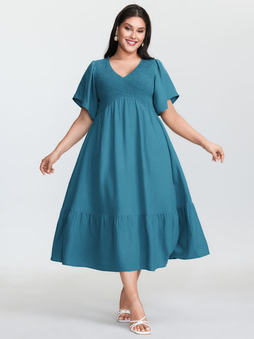 Shirred Bodice Ruffled Hem Midi Dress