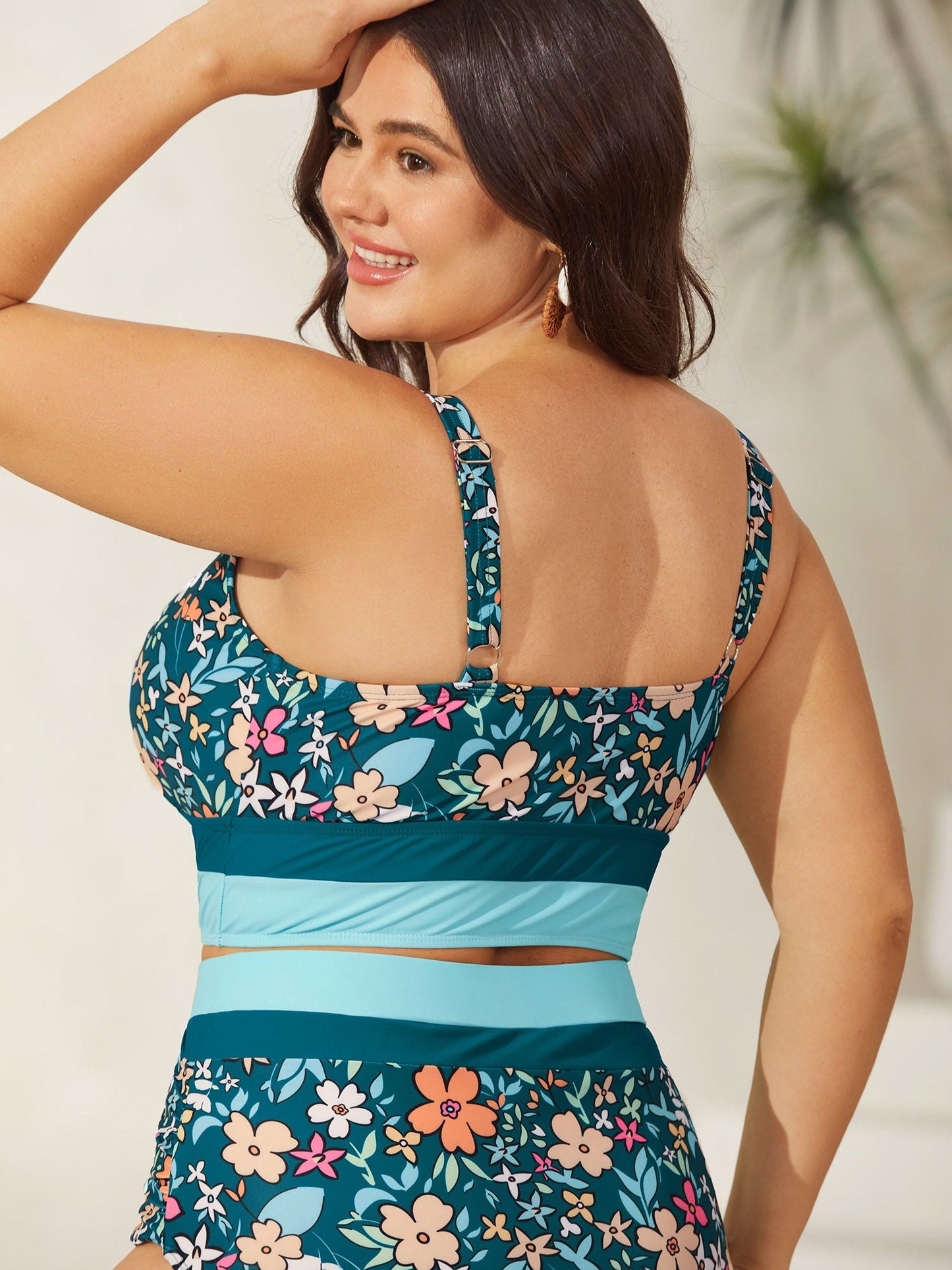 Floral Print Color Contrast Swim Top