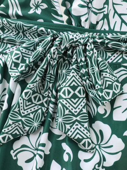 Tropical Print Waist-Tie One-Piece Swimsuit
