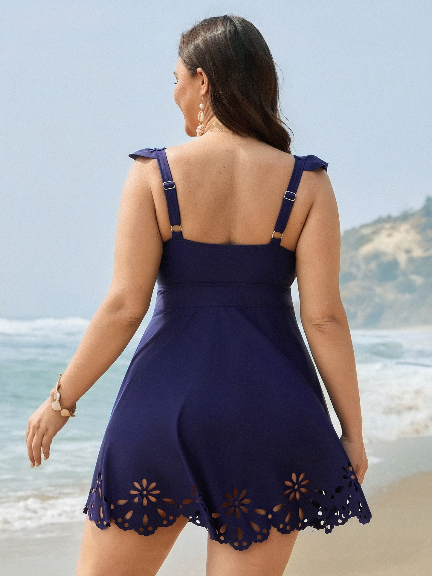 Laser Cut Flutter Sleeve Pockets Swim Dress