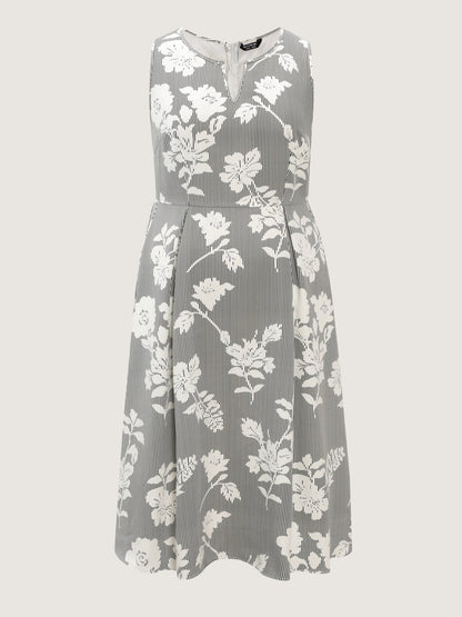 Striped Floral Print Notched Collar Midi Dress
