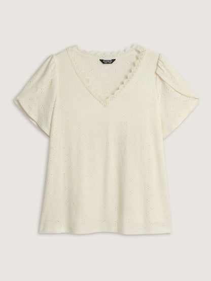 Eyelet Trim Stretchy V-Neck T-Shirt