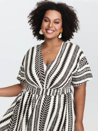 plus size Solid Geometric Dolman Sleeve Pocket Shirred Split Hem Dress