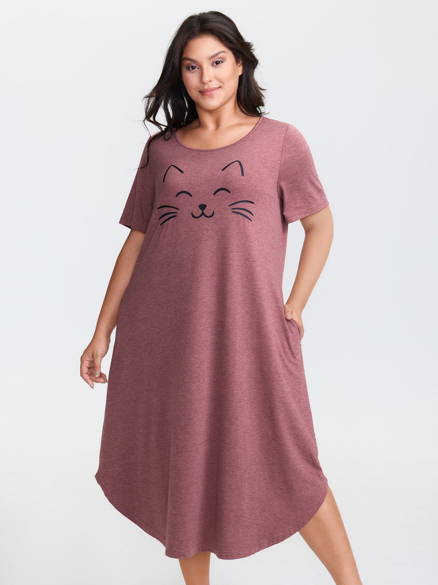 Happy Cat Print Stretchy Contrast Nightgown