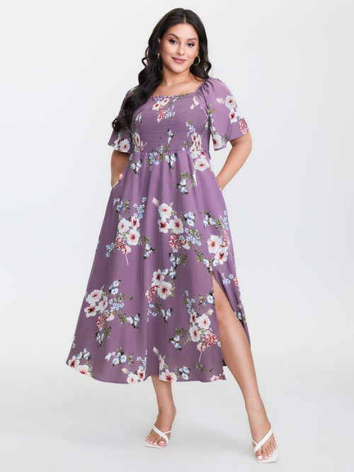 plus size Floral Square Neck Ruffles Pocket Shirred Split Dress
