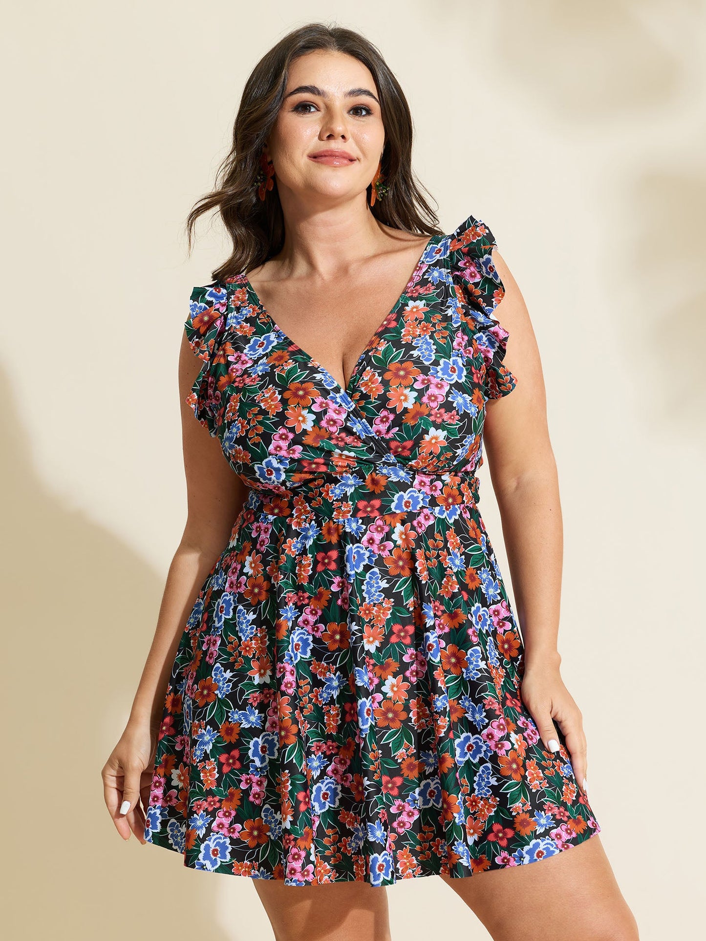 Anti-Float Tie Ruffled Floral Swim Dress