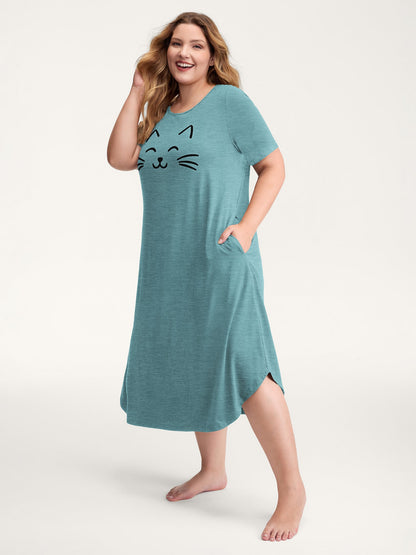 Happy Cat Print Stretchy Contrast Nightgown