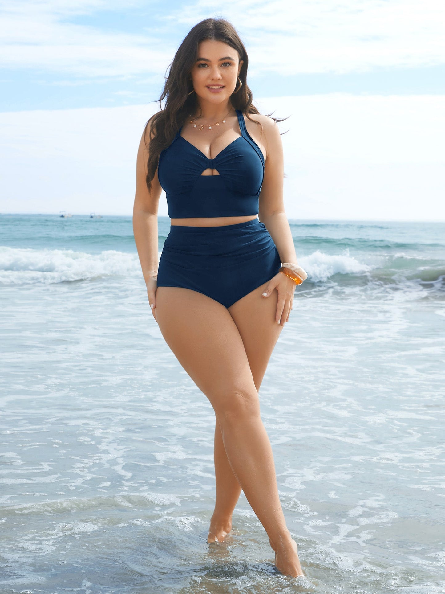High Rise Ruched Plain Swim Bottoms