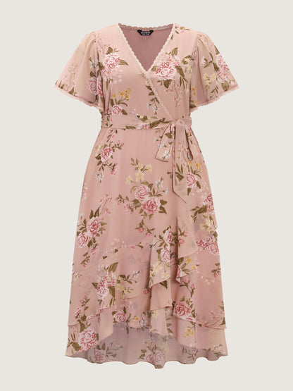 plus size  Soft Floral Print Lotus Leaf Hem Midi Dress