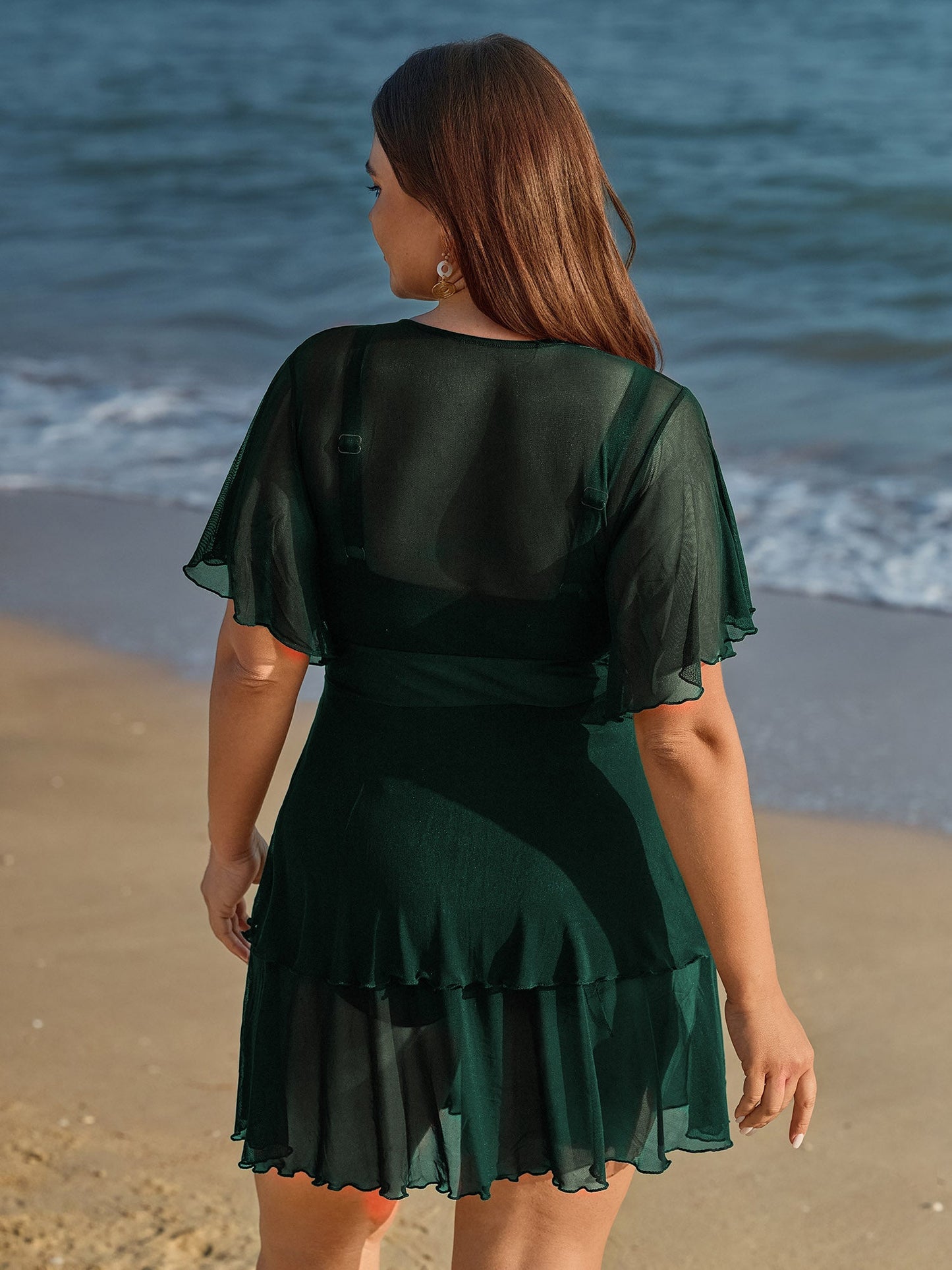 Sheer Ruffled Sleeve Layered Swim Dress
