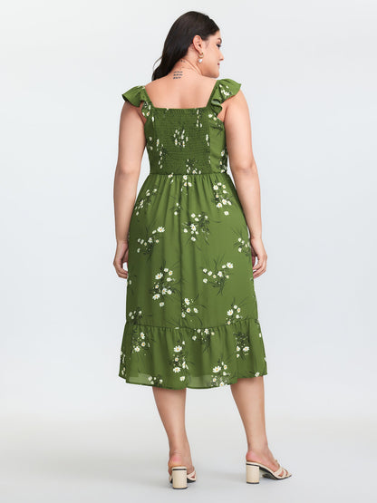 Floral Print Shirred Back Midi Dress