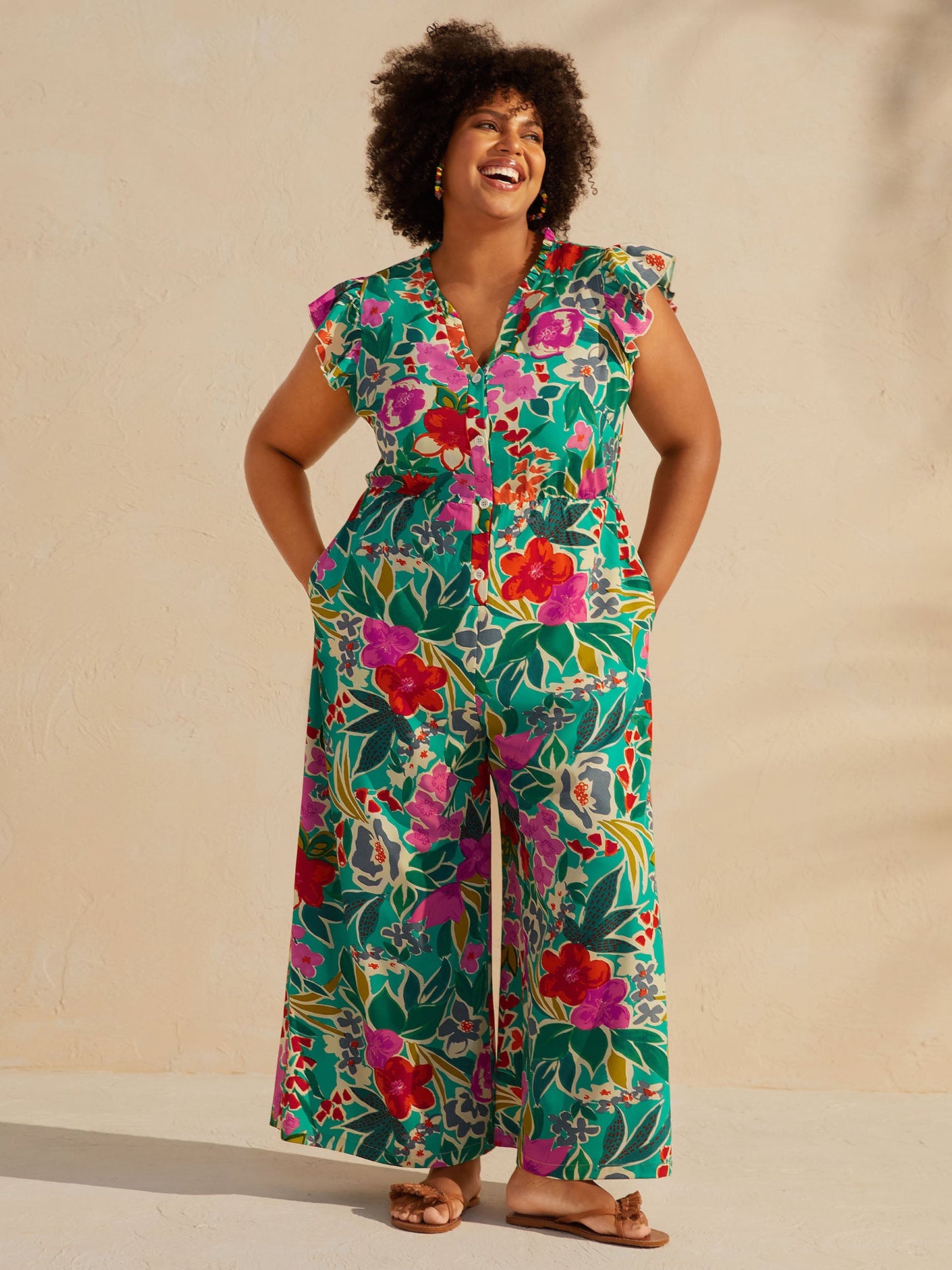 plus size Sunkissed Floral Print Button Wide-Leg Jumpsuit