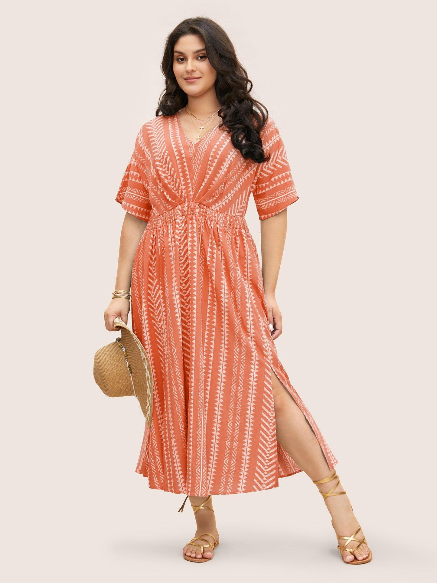 plus size Solid Geometric Dolman Sleeve Pocket Shirred Split Hem Dress