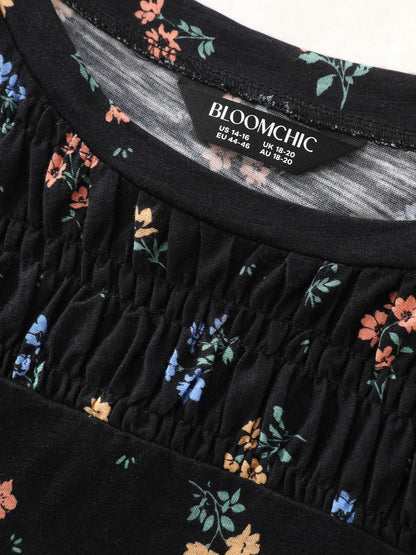 Cotton Floral Print Shirred Half-Sleeve T-Shirt