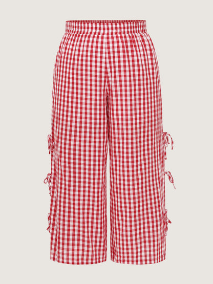 Cotton Gingham Print Side-Tie Pants