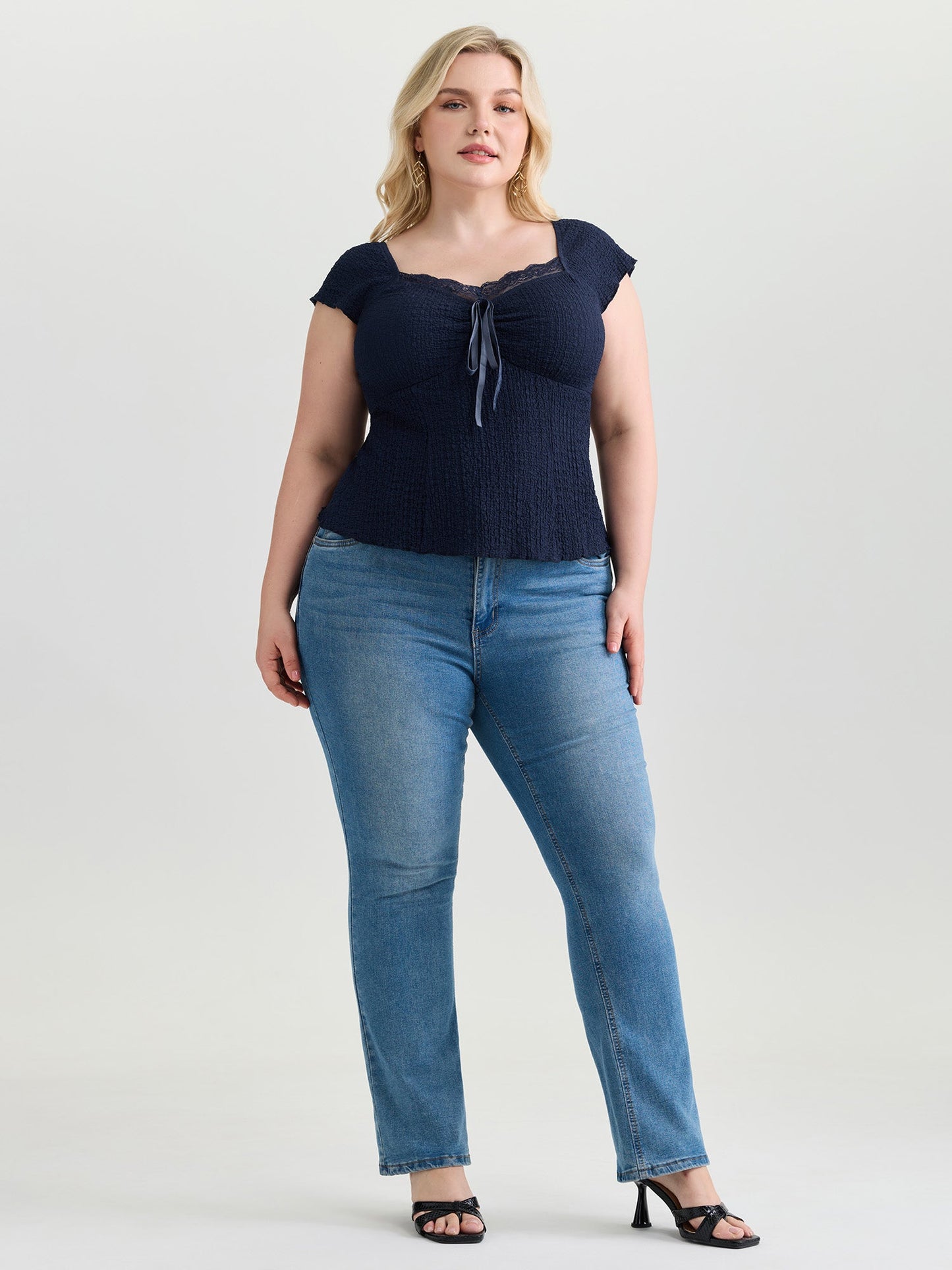 Textured Lace Trim Drawstring Fitted Top