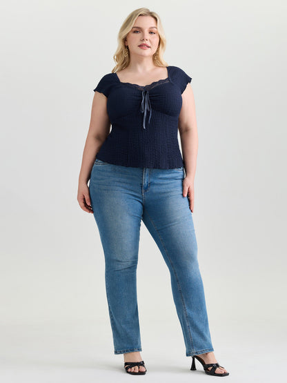 Textured Lace Trim Drawstring Fitted Top
