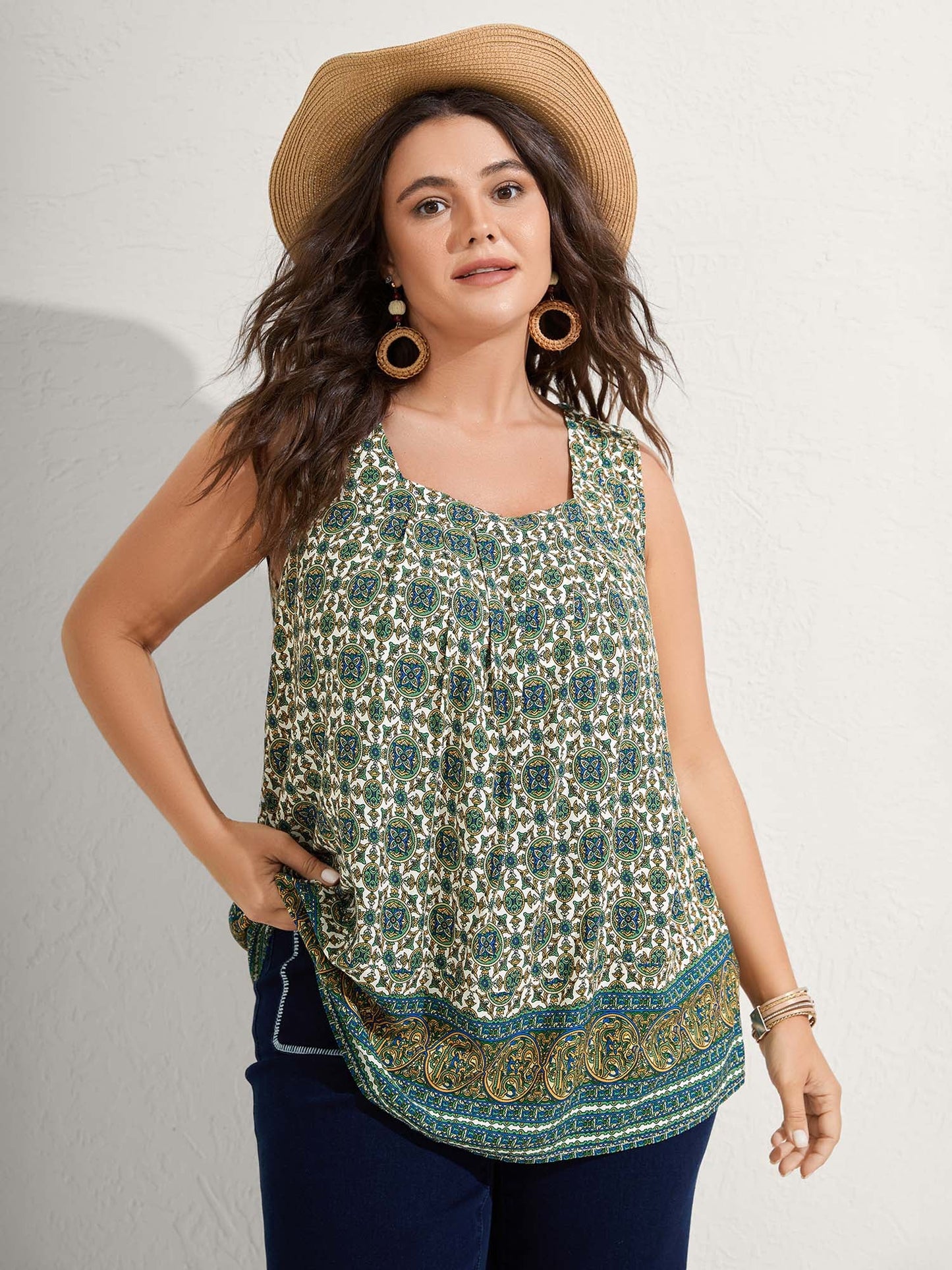 Floral Print Pleated Neckline Tank Top