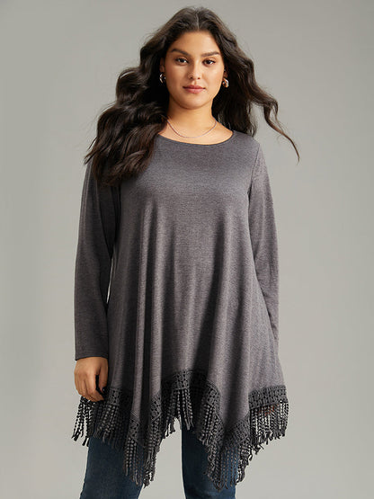 Solid Tassels Trim Pocket Asymmetrical Hem T-shirt