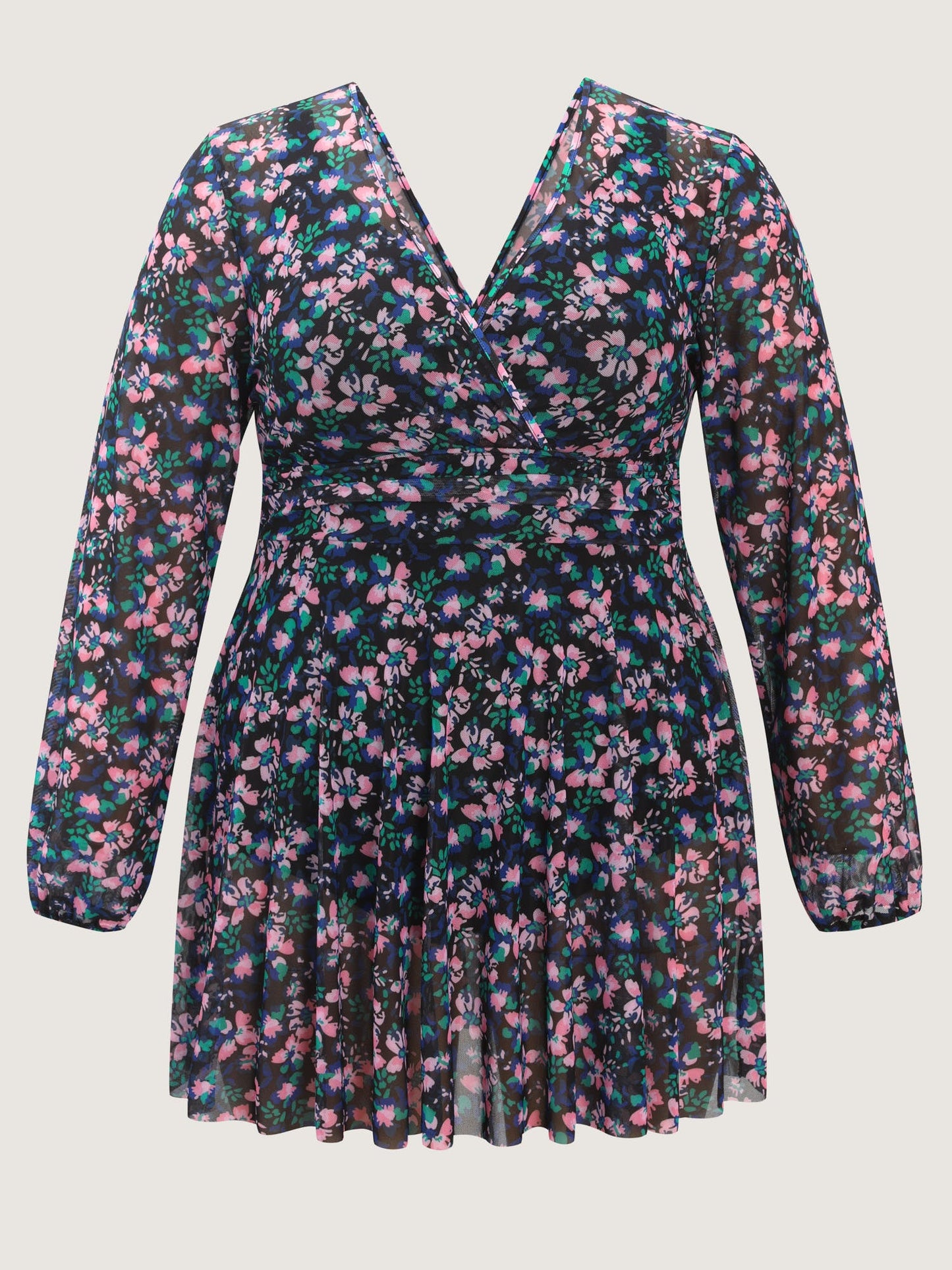 Floral Print Long Sleeve Layered Swim Dress