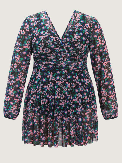 Floral Print Long Sleeve Layered Swim Dress