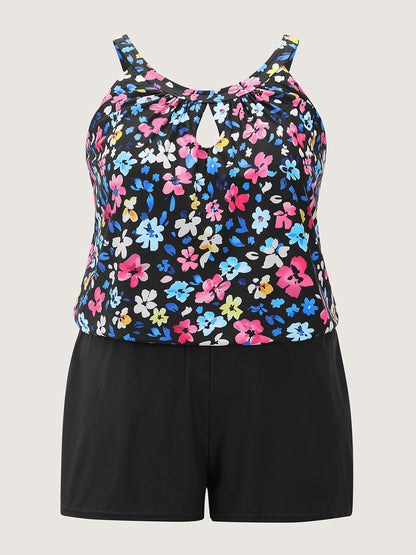 Floral Print Keyhole Pockets Swim Romper