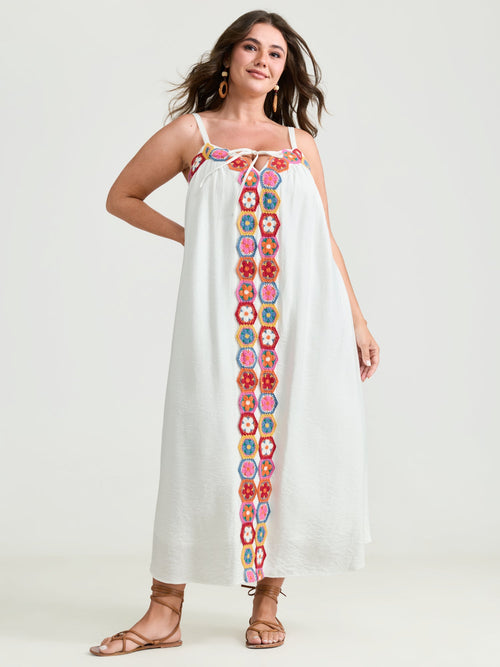 Colorful Floral Crochet Front Cami Midi Dress