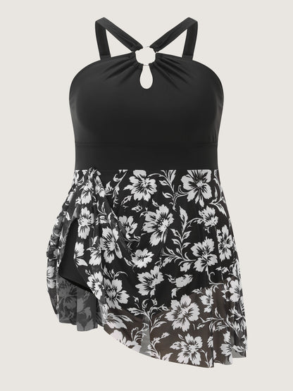 Monochrome Tropical Floral Sheer Swim Dress