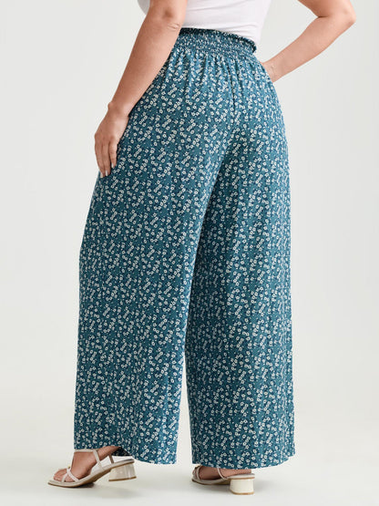 Micro Floral Print Wide Shirred Waistband Pants