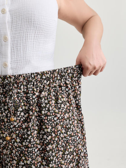 Micro Floral Print Wide Waistband Pants