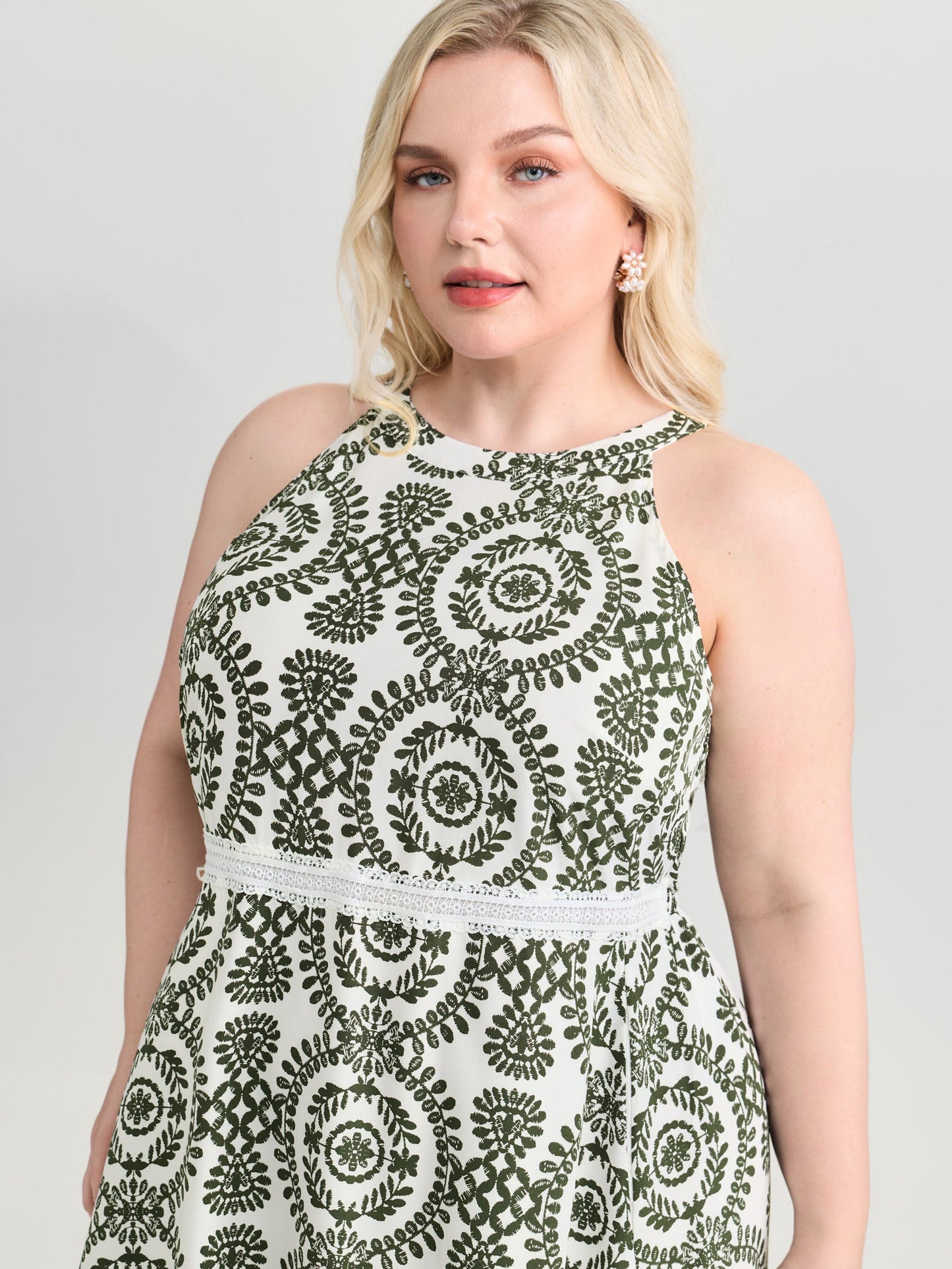 Ornate Print Lace Trim Halter Neckline Midi Dress