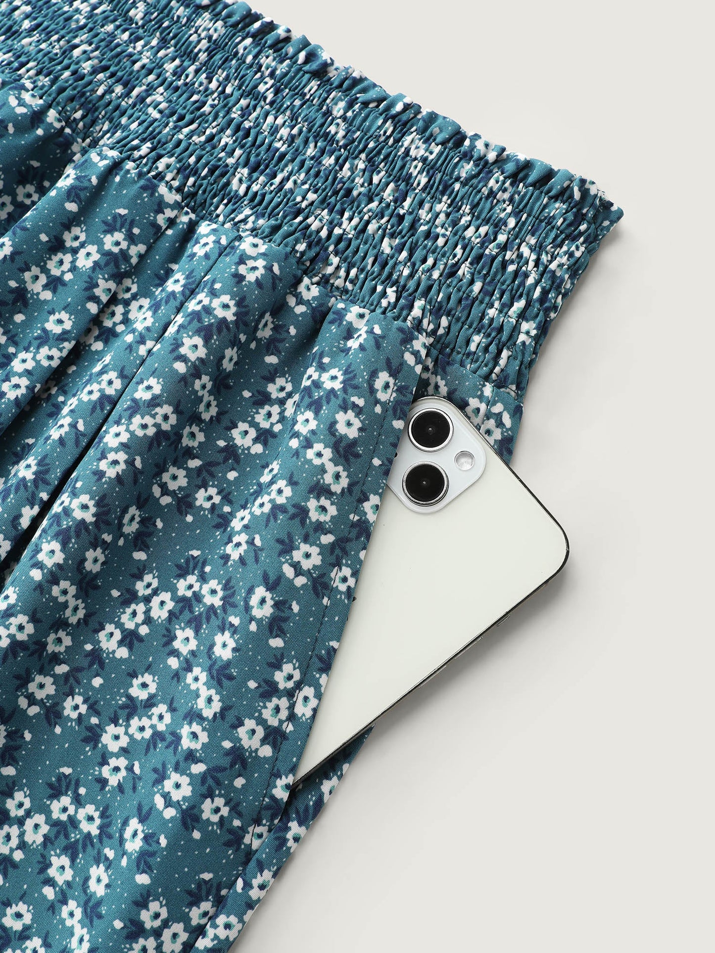 Micro Floral Print Wide Shirred Waistband Pants