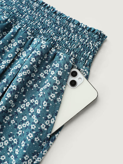 Micro Floral Print Wide Shirred Waistband Pants