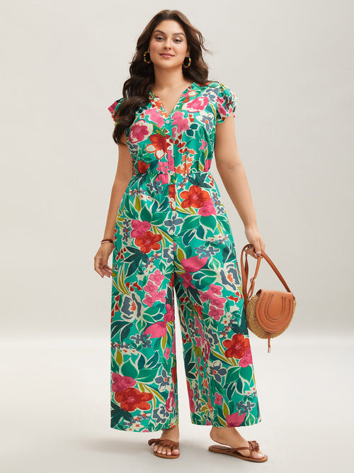 plus size Sunkissed Floral Print Button Wide-Leg Jumpsuit