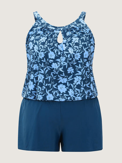 Floral Print Keyhole Pockets Swim Romper
