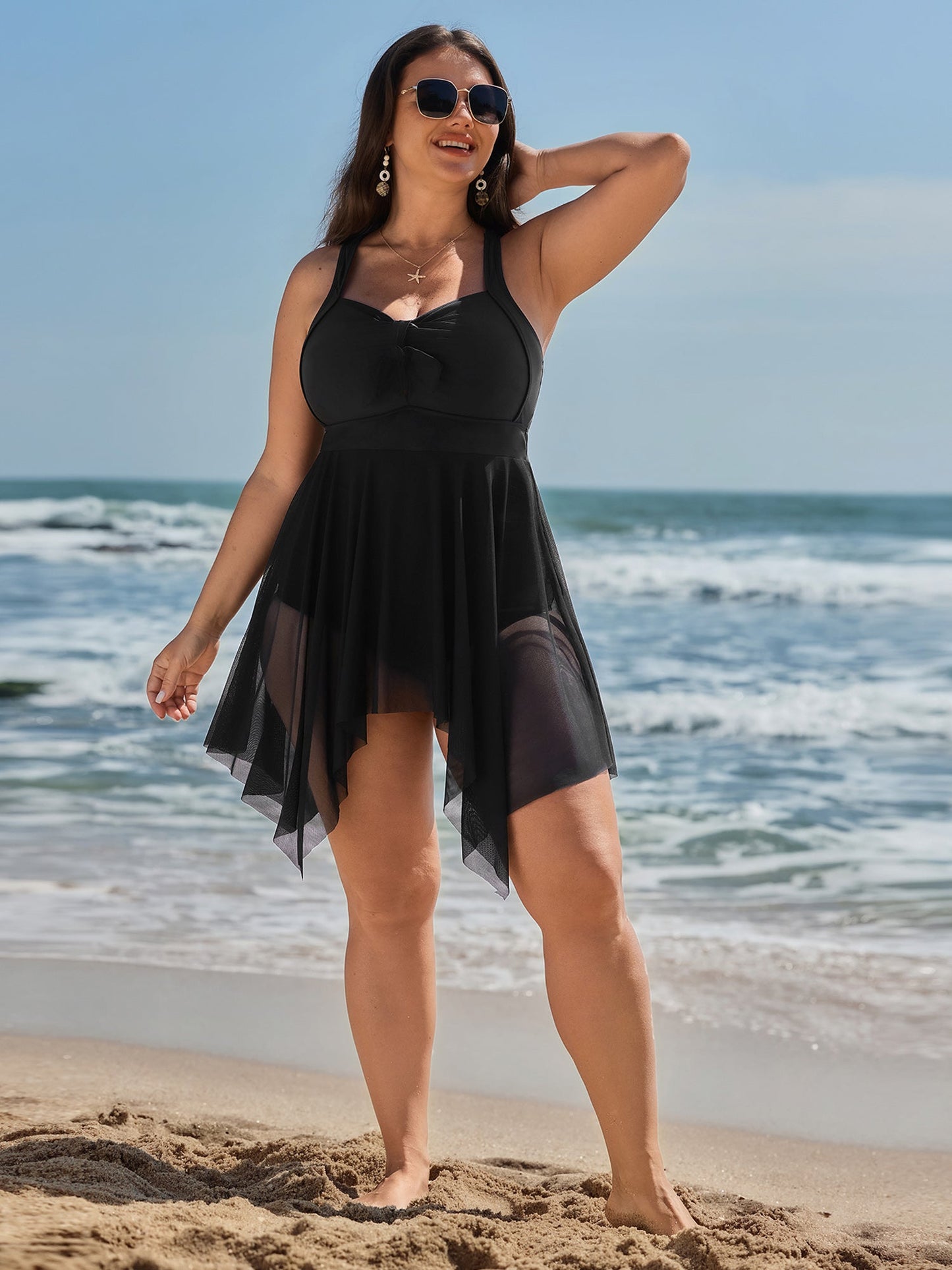 Mesh Knotted Front Adjustable Swim Dress