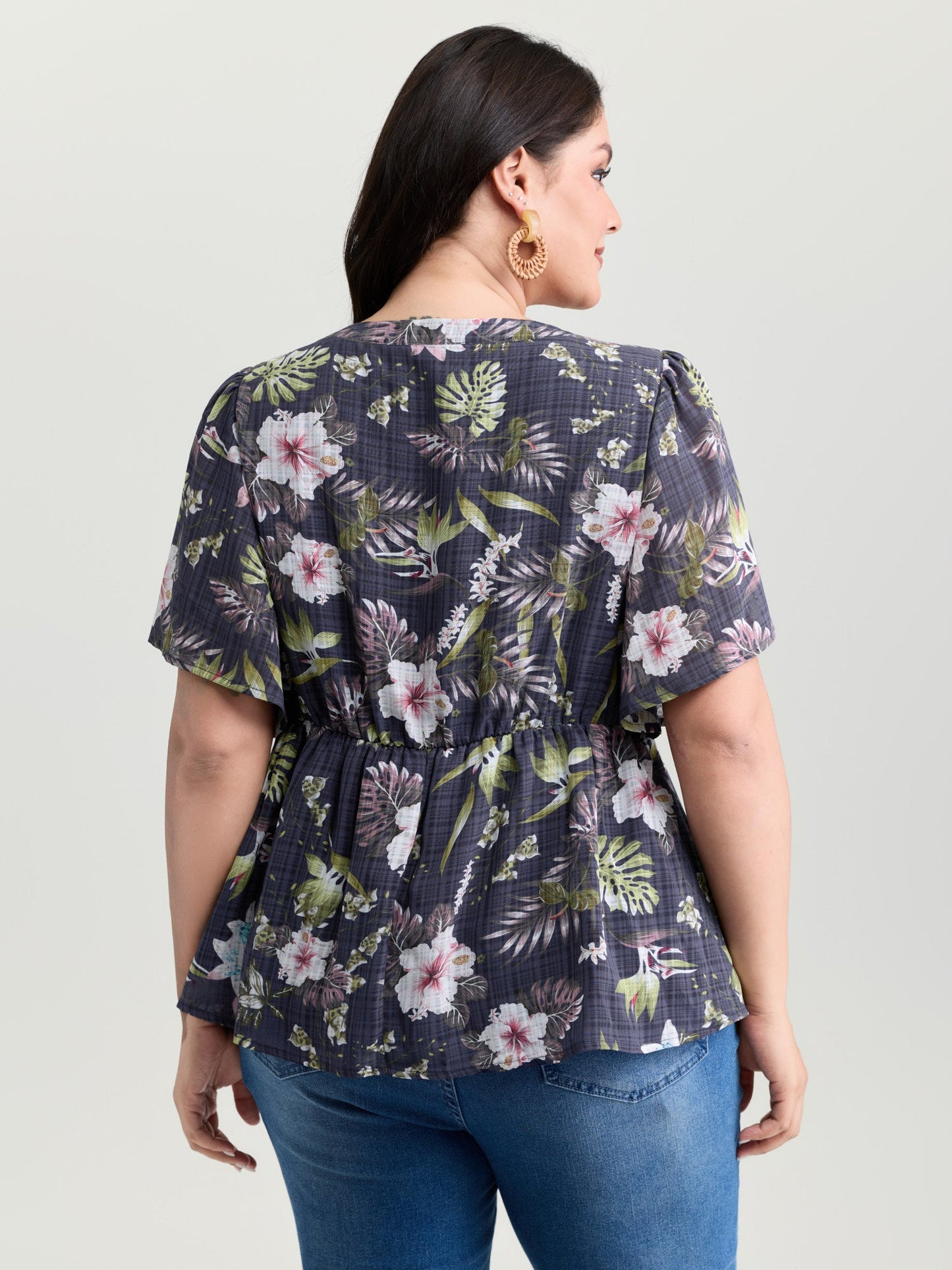 Floral Print Drawstring Split Neckline Blouse
