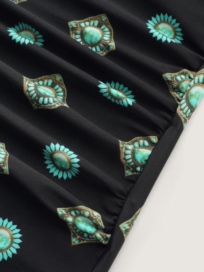 Geometric Print Pleated Tummy-Control One-Piece Swimsuit