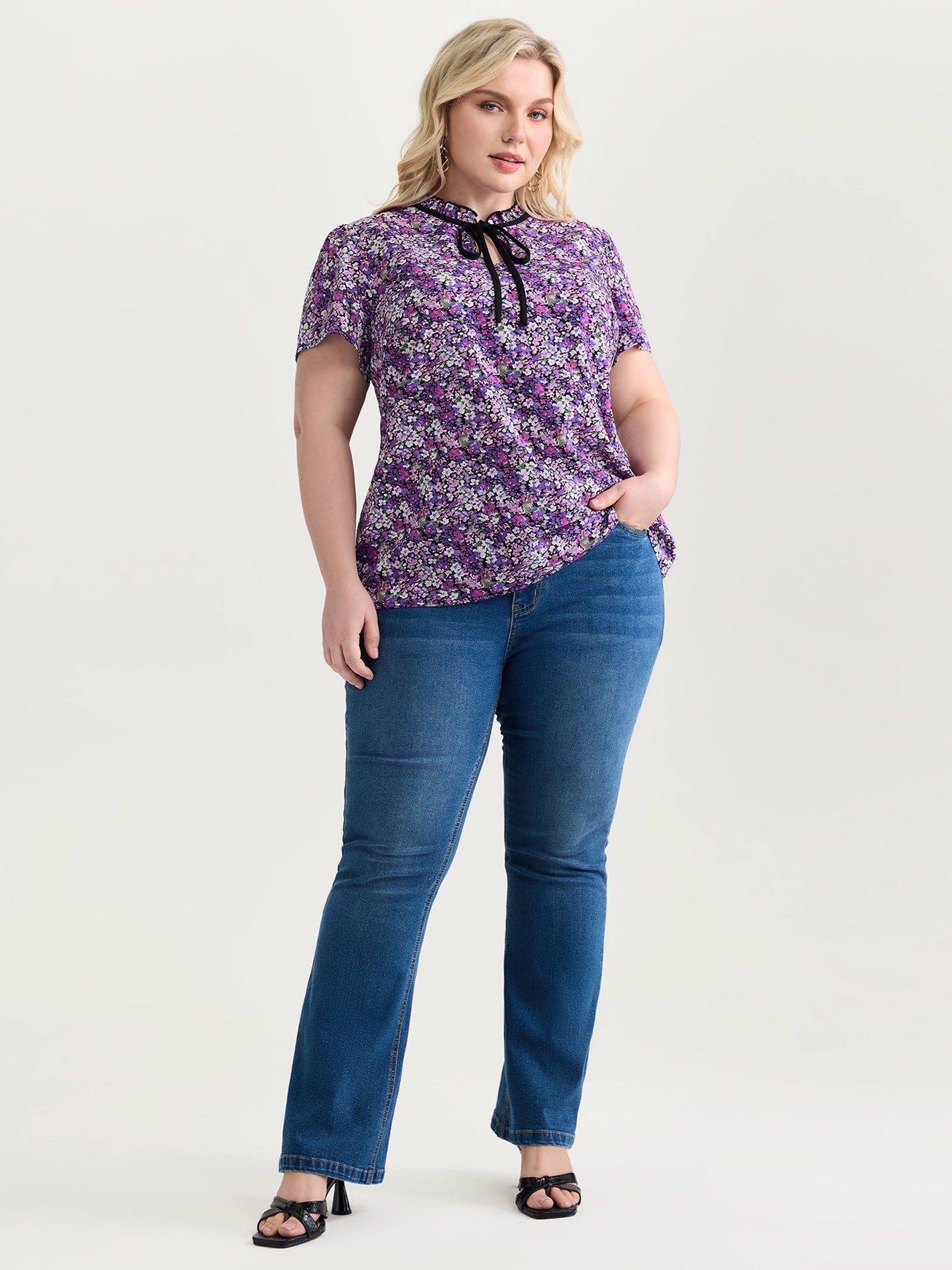 Dense Floral Print Ruffled Mock Neck Blouse